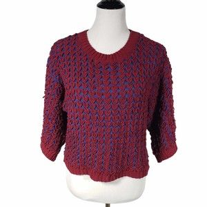 Rain + Rose Medium Burgundy & Blue Heart 3/4 Sleeve Crop Short Sweater